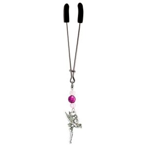 Silver Tinkerbell Fairy Charm on Chrome Tweezer Clit Clamp with Purple and Pink Faceted Beads  includes organza gift storage bag