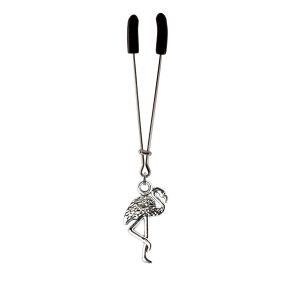 Silver Flamingo Charm on Chrome Tweezer Clit Clamp  includes organza gift storage bag