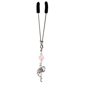Silver Flamingo Charm on Chrome Tweezer Clit Clamp with Pink & Clear Faceted Beads  includes organza gift storage bag