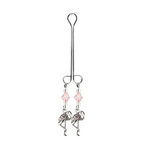 Silver Flamingo Charms on Double Loop "Cleopatra" Clit Clamp with Pink & Clear Facted Beads  includes organza gift storage bag