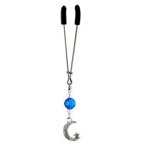Silver Moon & Star Charm on Chrome Tweezer Clit Clamp with Blue & Clear Faceted Beads  includes organza gift storage bag