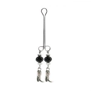 Silver Cowboy Boot Charms on Double Loop "Cleopatra" Clit Clamp with Black Faceted Bead  includes organza gift storage bag