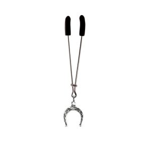 Silver Colored Horseshoe Charm on Chrome Tweezer Style Clit Clamp  includes organza gift storage bag