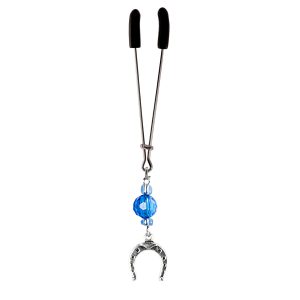 Silver Colored Horseshoe Charm on Chrome Tweezer Style Clit Clamp With Blue Faceted Beads  includes organza gift storage bag