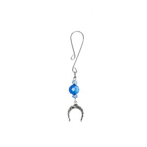 Silver Colored Horseshoe Charm on Dainty Curl Loop Style Clit Clamp With Blue Faceted Beads  includes organza gift storage bag