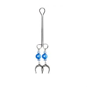 Silver Colored Horseshoe Charms on Double Loop "Cleopatra" Clit Clamp With Blue Faceted Beads  includes organza gift storage bag