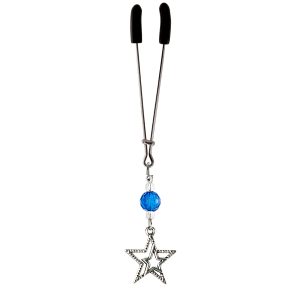 Silver Colored Double Star Charm on Chrome Tweezer Style Clit Clamp With Blue Faceted Beads  includes organza gift storage bag