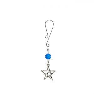 Silver Colored Double Star Charm on Dainty Curl Loop Style Clit Clamp With Blue Faceted Beads  includes organza gift storage bag