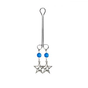 Silver Colored Double Star Charms on Double Loop "Cleopatra" Clit Clamp With Blue Facted Beads  includes organza gift storage bag