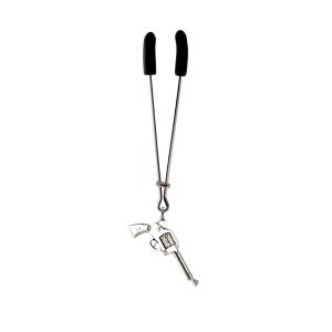 Silver Colored Six Shooter Charm on Chrome Tweezer Style Clit Clamp  includes organza gift storage bag