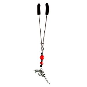 Silver Colored Six Shooter Charm on Chrome Tweezer Style Clit Clamp With Black & Red Faceted Beads  includes organza gift storage bag