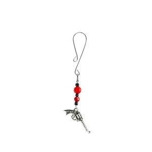 Silver Colored Six Shooter Charm on Dainty Curl Loop Style Clit Clamp With Black & Red Faceted Beads  includes organza gift storage bag