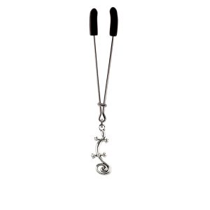 Stylish Gecko Charm on Chrome Tweezer Style Clit Clamp  includes organza gift storage bag