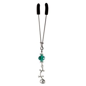 Stylish Gecko Charm on Chrome Tweezer Style Clit Clamp With Green Faceted Beads  includes organza gift storage bag
