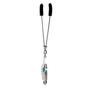 Silver Colored Feather Charm with Blue Accent on Chrome Tweezer Style Clit Clamp  includes organza gift storage bag