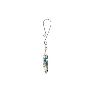 Silver Colored Feather Charm with Blue Accent on Dainty Curl Loop Style Clit Clamp  includes organza gift storage bag