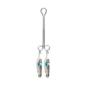Silver Colored Feather Charm with Blue Accent on Double Loop "Cleopatra" Clit Clamp  includes organza gift storage bag