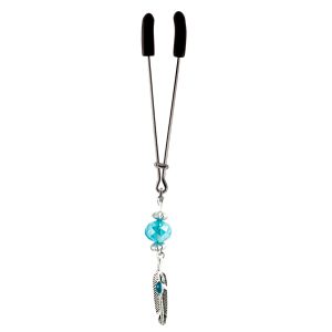 Silver Colored Feather Charm with Blue Accent on Chrome Tweezer Style Clit Clamp with Light Blue Faceted Bead  includes organza gift storage bag