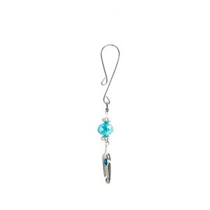 Silver Colored Feather Charm with Blue Accent on Dainty Curl Loop Style Clit Clamp with Light Blue Facted Bead  includes organza gift storage bag