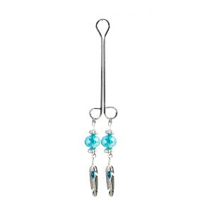 Silver Colored Feather Charm with Blue Accent on Double Loop "Cleopatra" Clit Clamp with Light Blue Faceted Bead  includes organza gift storage bag