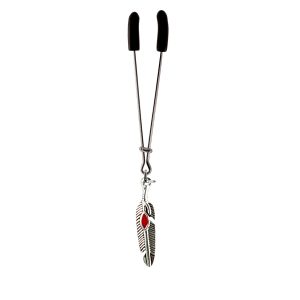 Silver Colored Feather Charm with Red Accent on Chrome Tweezer Style Clit Clamp  includes organza gift storage bag