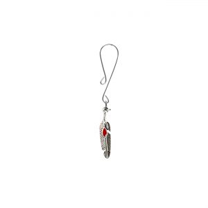 Silver Colored Feather Charm with Red Accent on Dainty Curl Loop Style Clit Clamp  includes organza gift storage bag