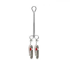 Silver Colored Feather Charm with Red Accent on Double Loop "Cleopatra" Clit Clamp  includes organza gift storage bag