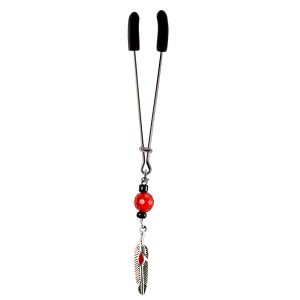 Silver Colored Feather Charm with Red Accent on Chrome Tweezer Style Clit Clamp with Red Faceted Bead  includes organza gift storage bag