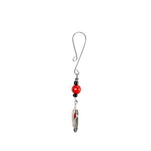 Silver Colored Feather Charm with Red Accent on Dainty Curl Loop Style Clit Clamp with Red Faceted Bead  includes organza gift storage bag
