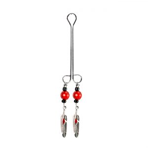 Silver Colored Feather Charm with Red Accent on Double Loop "Cleopatra" Clit Clamp with Red Faceted Bead  includes organza gift storage bag