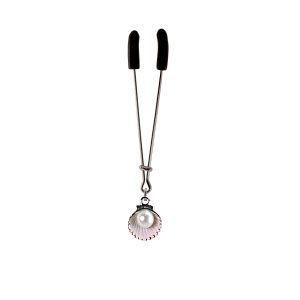 Pearl in Clam Shell Charm with Pink Accents on Chrome Tweezer Style Clit Clamp  includes organza gift storage bag