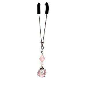 Pearl in Clam Shell Charm with Pink Accents on Chrome Tweezer Style Clit Clamp with Pink & Clear Faceted Beads  includes organza gift storage bag