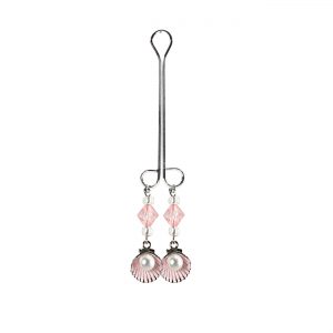 Pearl in Clam Shell Charms with Pink Accents on Double Loop "Cleopatra" Clit Clamp with Pink & Clear Faceted Beads  includes organza gift storage bag