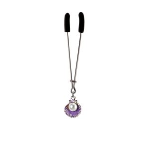 Pearl in Clam Shell Charm with Purple Accents on Chrome Tweezer Style Clit Clamp  includes organza gift storage bag