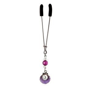 Pearl in Clam Shell Charm with Purple Accents on Chrome Tweezer Style Clit Clamp with Purple & Clear Faceted Beads  includes organza gift storage bag