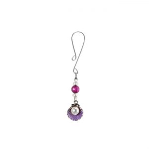 Pearl in Clam Shell Charm with Purple Accents on Dainty Curl Loop Style Clit Clamp with Purple & Clear Faceted Beads  includes organza gift storage bag