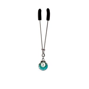 Pearl in Clam Shell Charm with Blue Accents on Chrome Tweezer Style Clit Clamp  includes organza gift storage bag