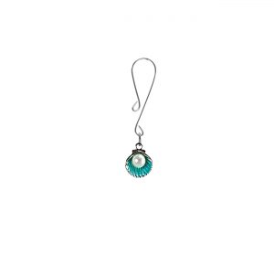 Pearl in Clam Shell Charm with Blue Accents on Dainty Curl Loop Style Clit Clamp  includes organza gift storage bag