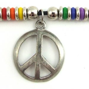 Rainbow Beads W/Peace Sign Charm Necklace