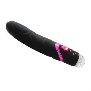 8" Soft Touch Silicone Vibrator - 4 Speeds or Functions with Jeweled Accents and Crystal Look Battery Compartment Cover - AAA Batteries - Black