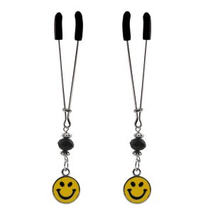 Nipple Clamp - Tweezer - Chrome with Smilie Charm & Black Bead