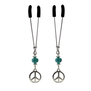 Nipple Clamp - Tweezer - Chrome with Peace Sign Charm & Green Bead
