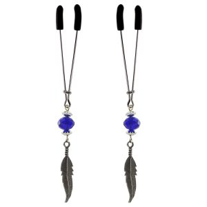Nipple Clamp - Tweezer - Chrome with Feather and Blue Bead