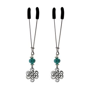 Nipple Clamp - Tweezer - Chrome with Celtic Charm & Green Bead