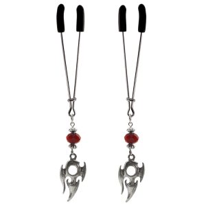 Nipple Clamp - Tweezer - Chrome with Tribal Charm & Red Bead