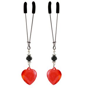 Nipple Clamp - Tweezer - Chrome with Lg Red Heart Charm & Black Bead