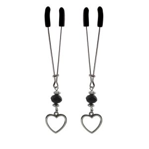 Nipple Clamp - Tweezer - Chrome with Silver Heart Charm & Black Bead