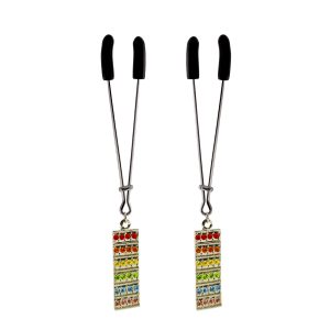 Nipple Clamp - Tweezer - Chrome with Rainbow Charm