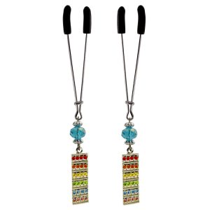 Nipple Clamp - Tweezer - Chrome with Rainbow Charm & Blue Bead