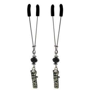 Nipple Clamp - Tweezer - Chrome with Princess Charm & Black Bead